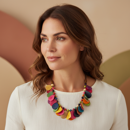 Amazonian Treasures Tropical Tagua necklace featuring vibrant, artisan-tinted Jarina and Açaí seeds on a woman.