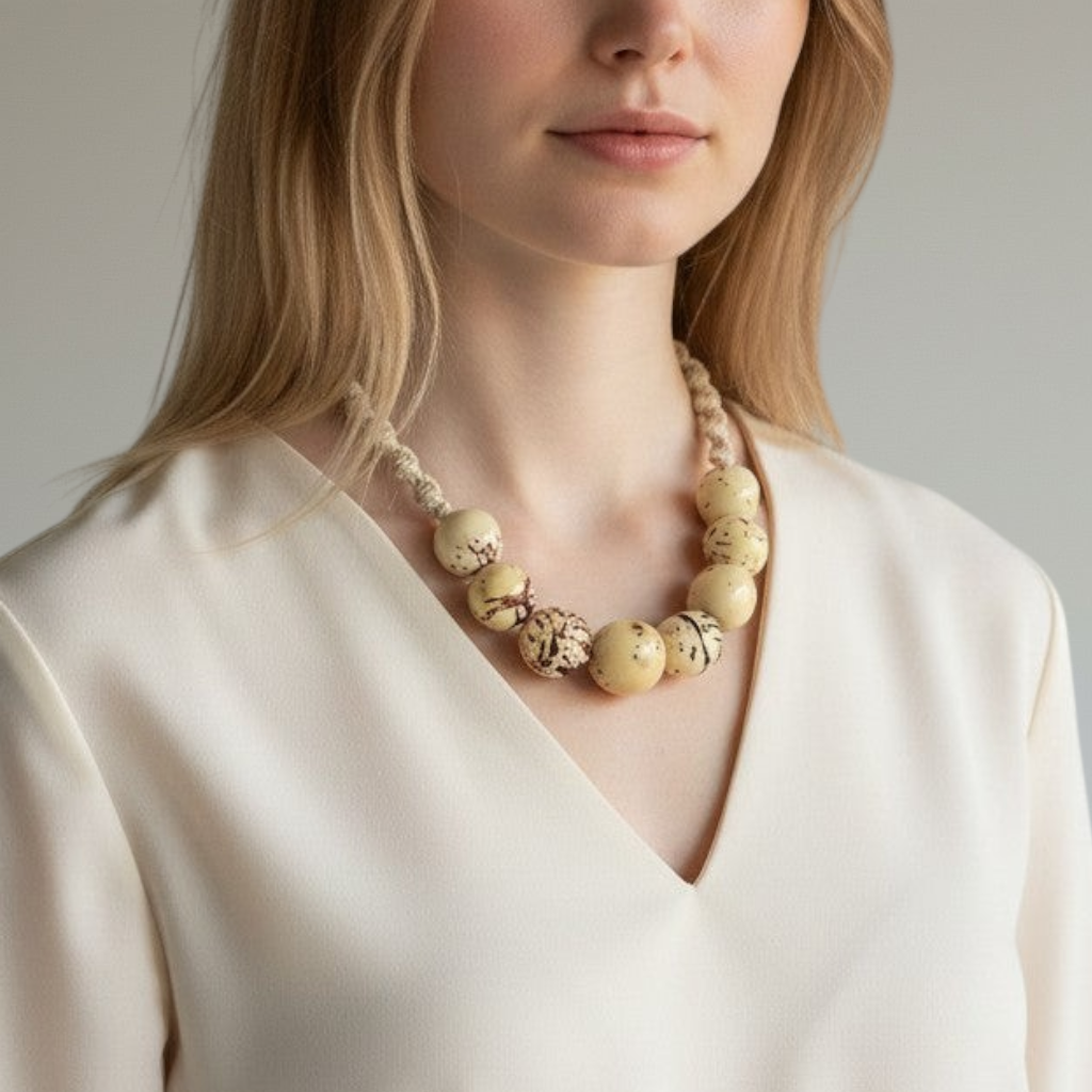 Amazonian Treasures handmade necklace featuring natural paxiuba palm beads and braided tucum fiber on a woman
