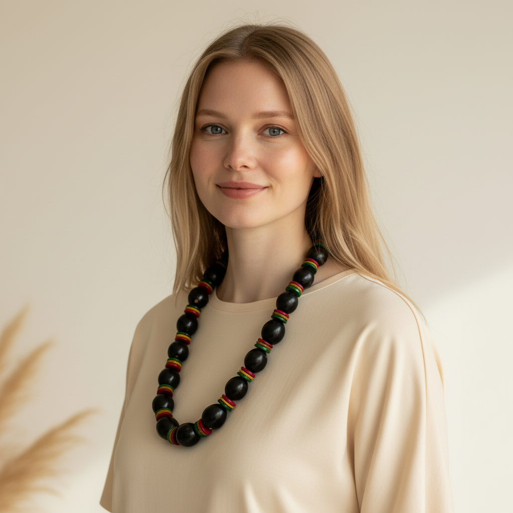 Amazonian Treasures handmade necklace featuring polished dark tucumã seeds and colorful coconut shell beads on a model.