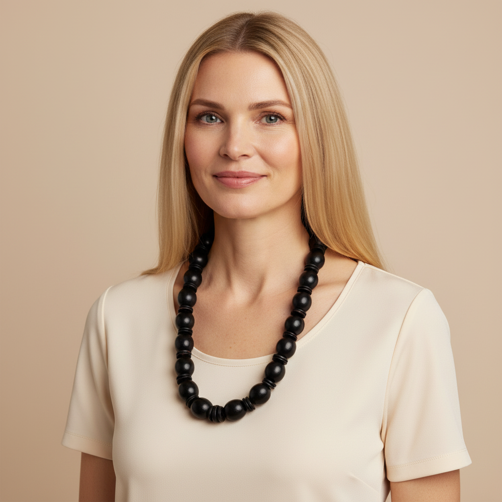 Amazonian Treasures handmade necklace featuring polished dark tucumã seeds and coconut shell beads on a blonde model.