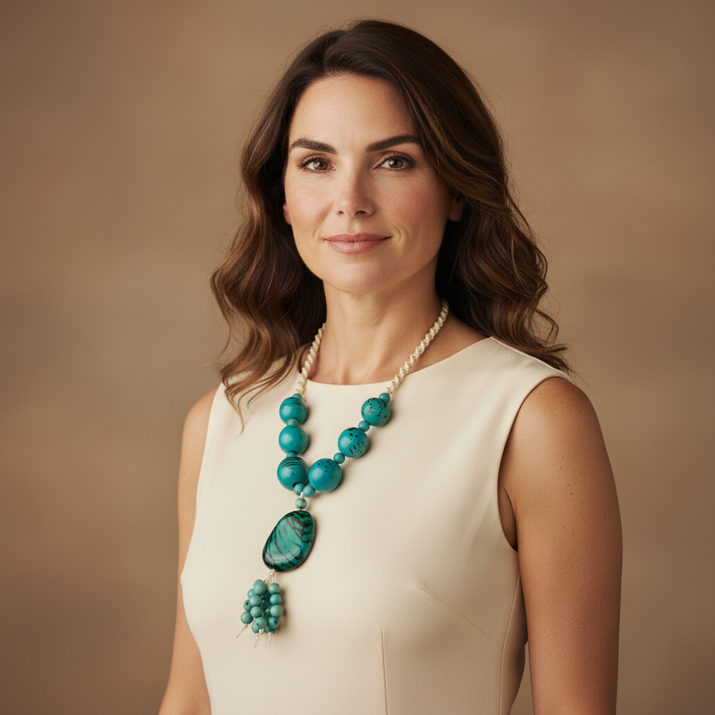 Amazonian Treasures statement necklace featuring turquoise jarina and açaí seeds on a woman wearing a cream dress.