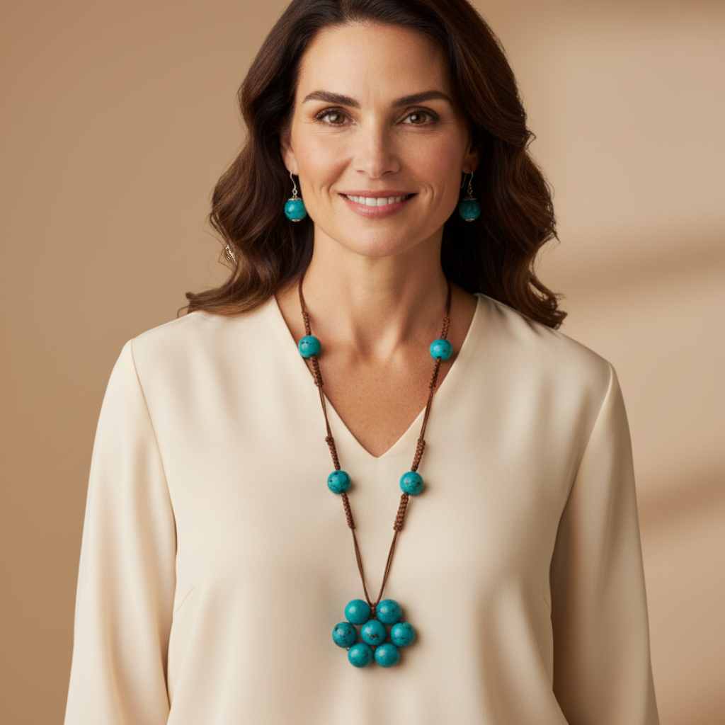 Amazonian Treasures Blue Lagoon set featuring turquoise tinted paxiuba seed necklace and earrings on a smiling woman