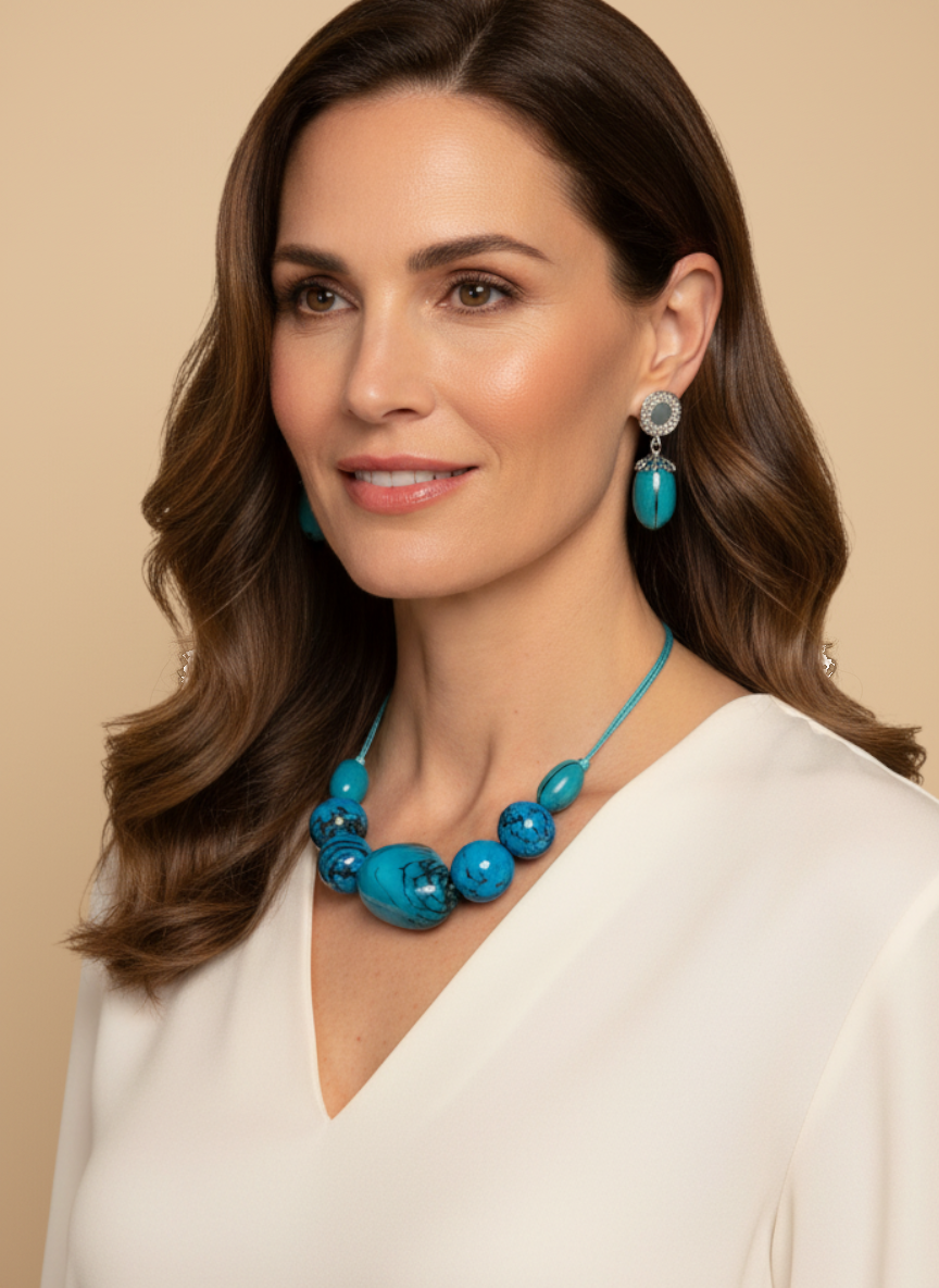 Amazonian Treasures necklace and earring set featuring vibrant turquoise jarina seeds worn by a smiling woman.
