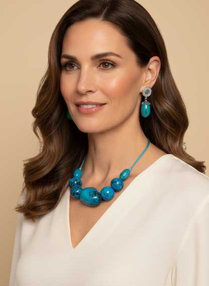 Amazonian Treasures necklace and earring set featuring vibrant turquoise jarina seeds worn by a smiling woman.