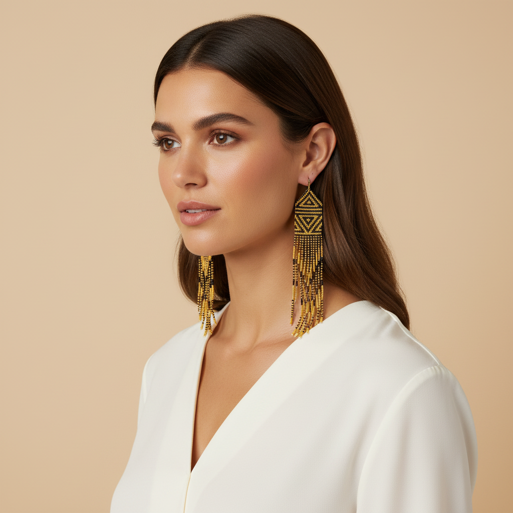 Amazonian Treasures Wai Wai handmade triangle fringe earrings in black and gold glass beads worn by a model.