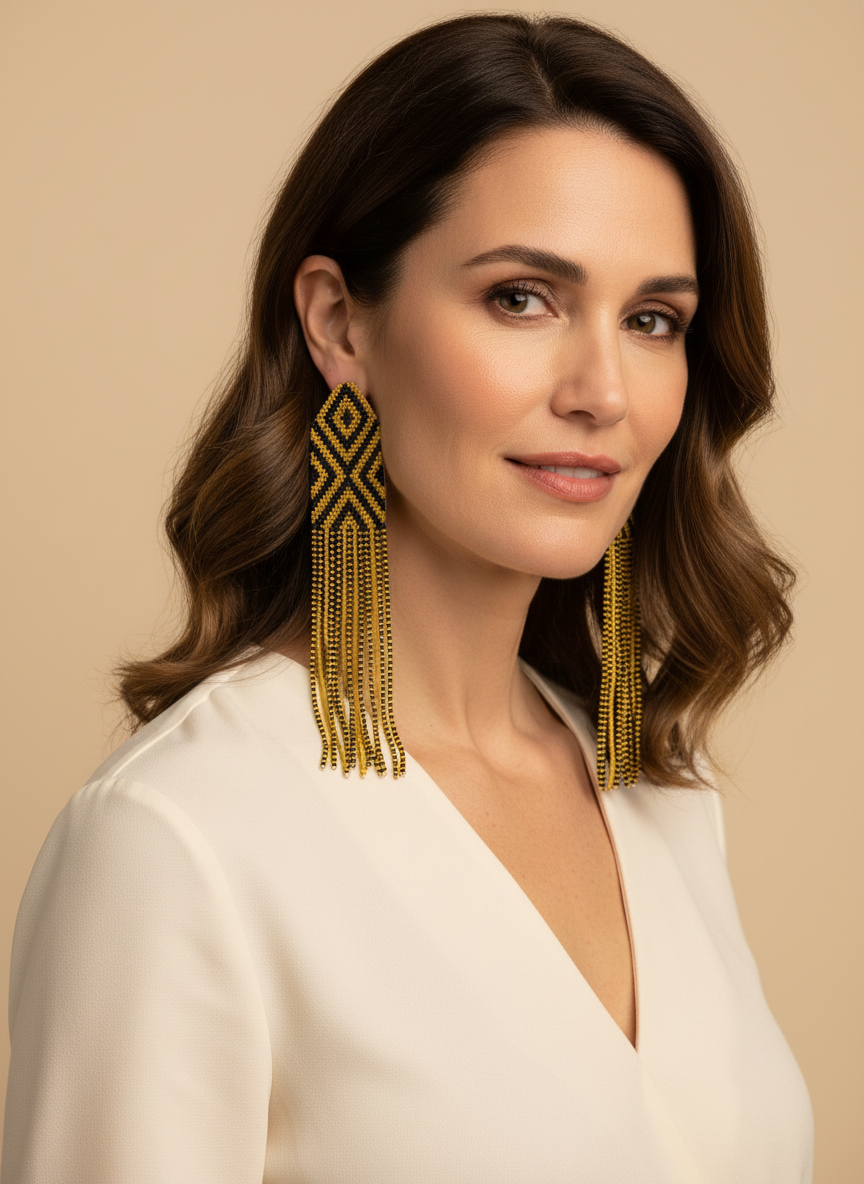 Amazonian Treasures Wai Wai handmade 7-inch long beaded fringe earrings in black and gold geometric patterns on a model