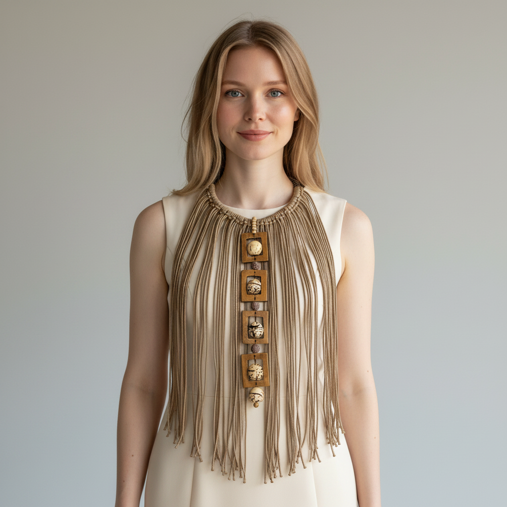 Amazonian Treasures Walking Roots necklace featuring paxiúba seeds, wood accents, and cascading cotton strands on model