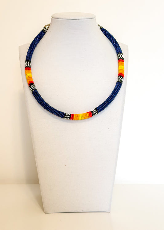 Galibi Marworno handmade beaded choker necklace in royal blue recycled glass beads