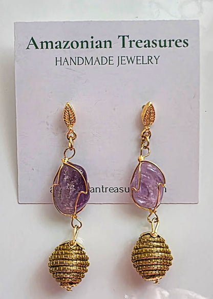 Golden Grass earrings with natural gemstones 