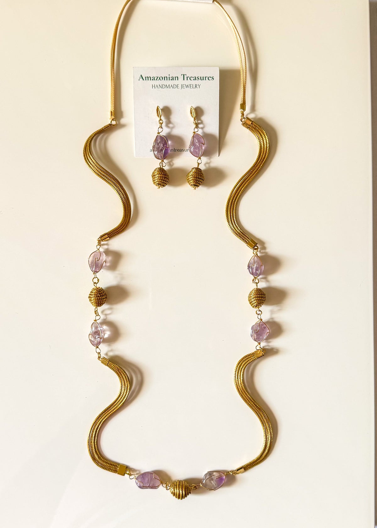 Golden Grass necklace and earrings with amethyst gemstones handcrafted in Brazil