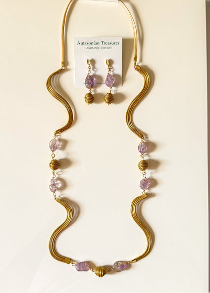 Golden Grass necklace and earrings with amethyst gemstones handcrafted in Brazil