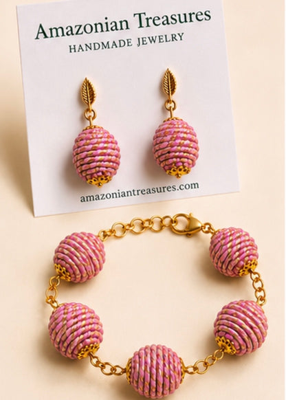 Pink Golden Grass sphere bracelet and earrings handcrafted from Brazilian Capim Dourado