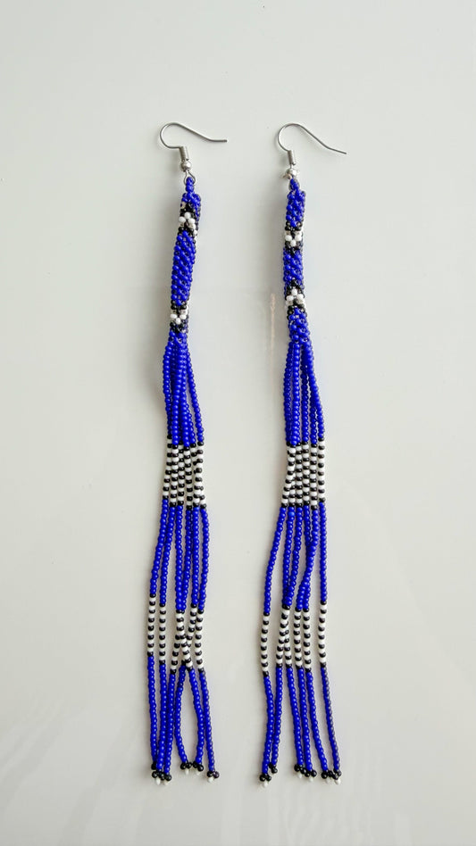 Wai Wai handmade beaded strand earrings in blue, white, and black recycled glass beads