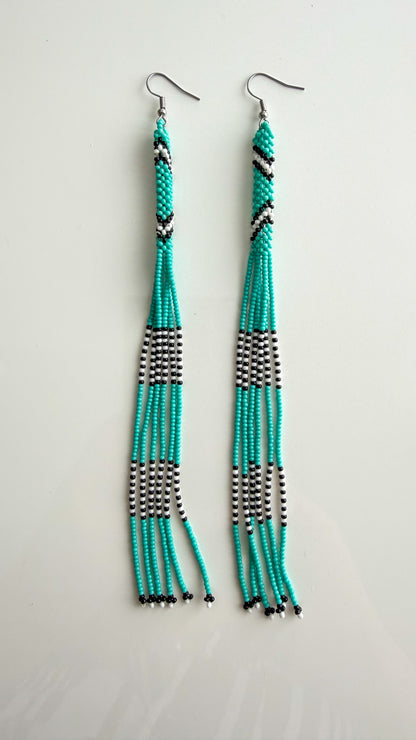 Wai Wai handmade beaded strand earrings in turquoise and black recycled glass beads

