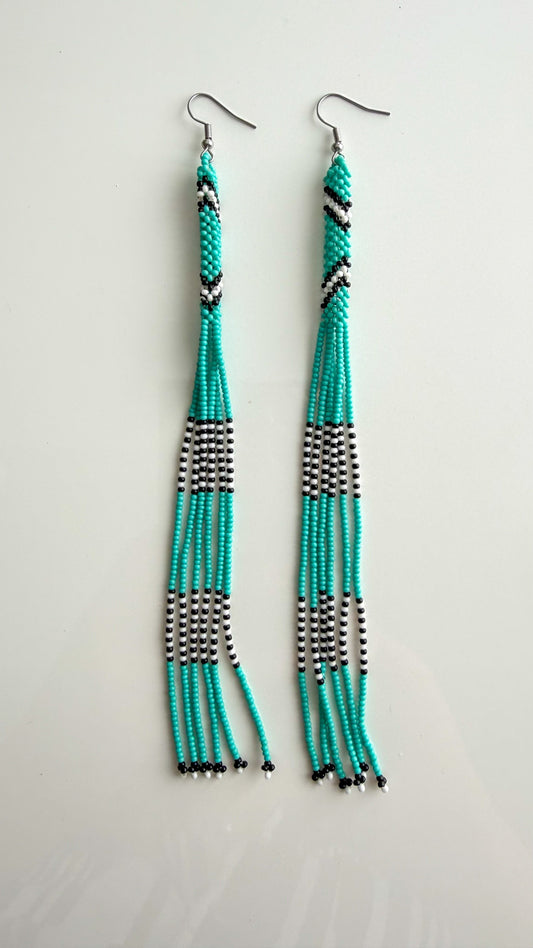 Wai Wai handmade beaded strand earrings in turquoise and black recycled glass beads