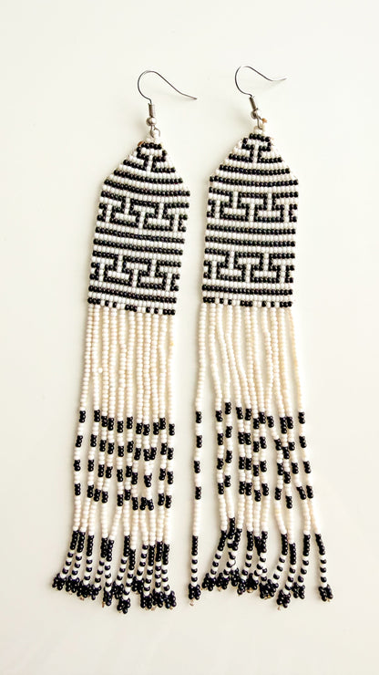 Wai Wai handmade meander fringe earrings in white and black recycled glass beads