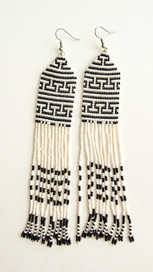 Wai Wai handmade meander fringe earrings in white and black recycled glass beads