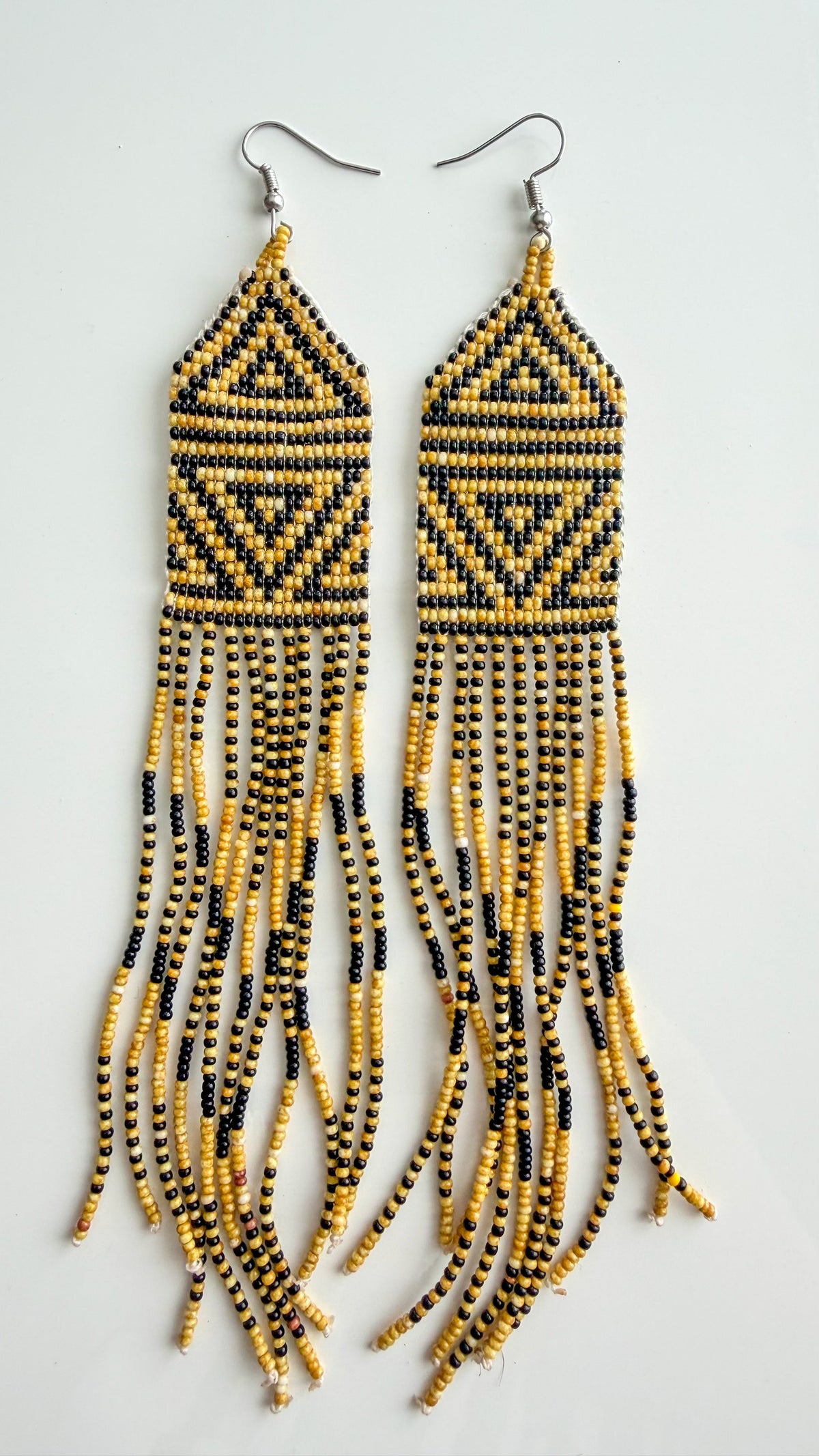 Wai Wai handmade triangle fringe earrings in black and gold beadwork