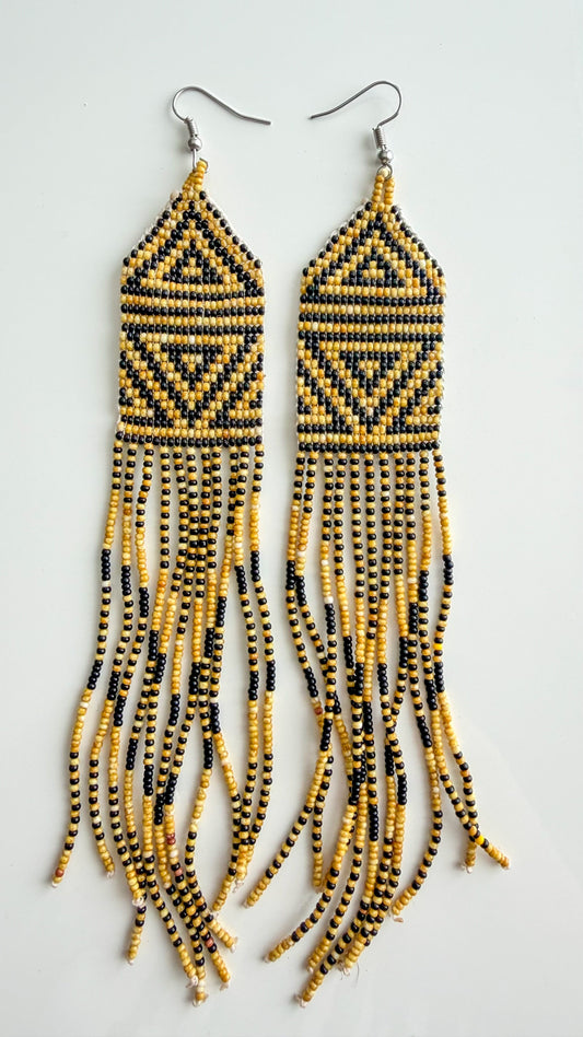 Wai Wai handmade triangle fringe earrings in black and gold beadwork